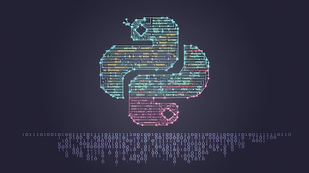 下部に輝くコードとバイナリコードで作られたPythonのロゴ