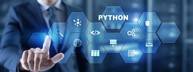 python programming language programing workflow abstract algorithm concept on virtual screen