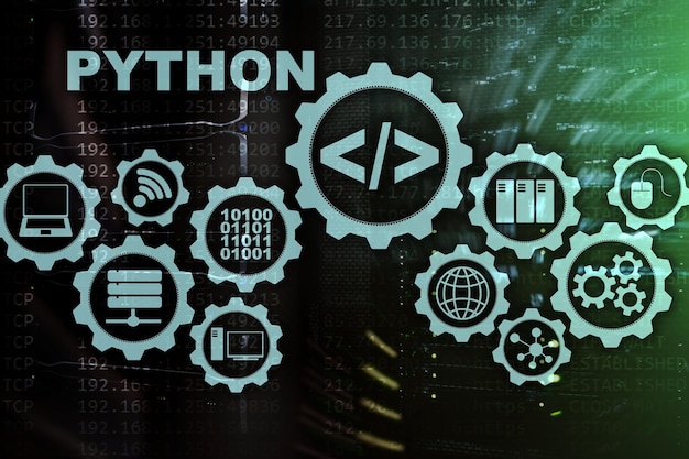 python programming language on server room background programing workflow abstract algorithm concept on virtual screen