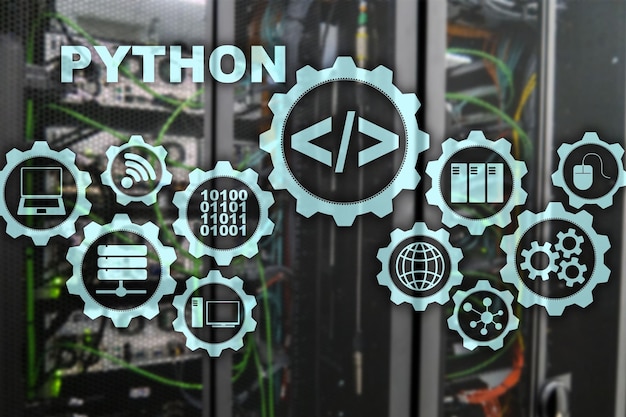 python programming language on server room background programing workflow abstract algorithm concept on virtual screen
