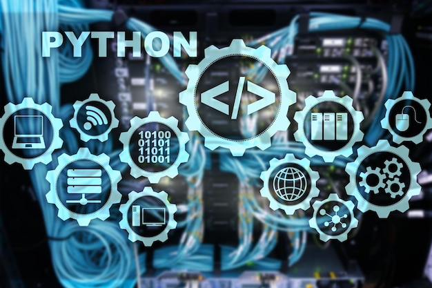 python programming language on server room background programing workflow abstract algorithm concept on virtual screen