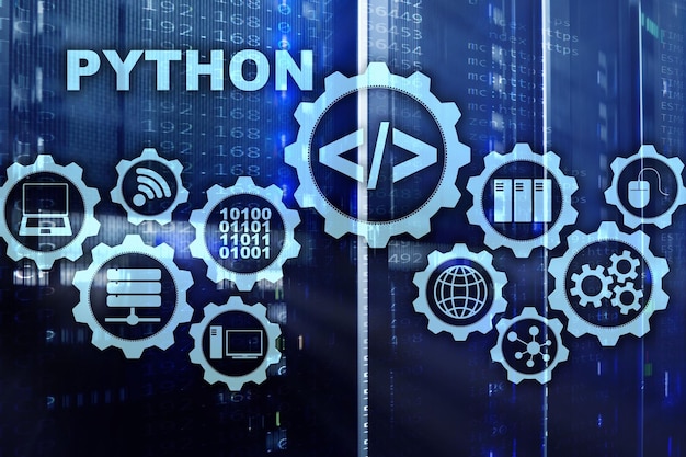 python programming language on server room background programing workflow abstract algorithm concept on virtual screen