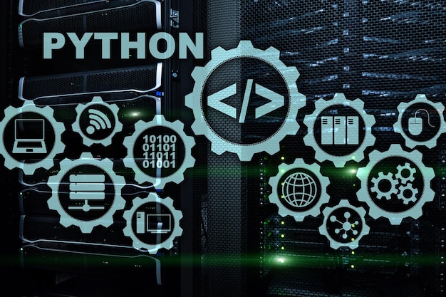python programming language on server room background programing workflow abstract algorithm concept on virtual screen