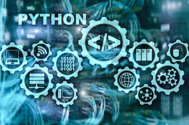 python programming language on server room background programing workflow abstract algorithm concept on virtual screen