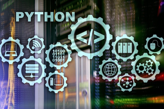 python programming language on server room background programing workflow abstract algorithm concept on virtual screen