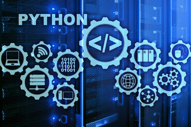 python programming language on server room background programing workflow abstract algorithm concept on virtual screen