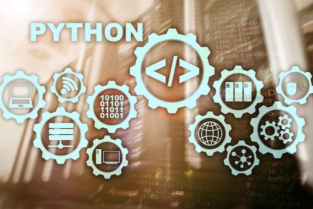 python programming language on server room background programing workflow abstract algorithm concept on virtual screen