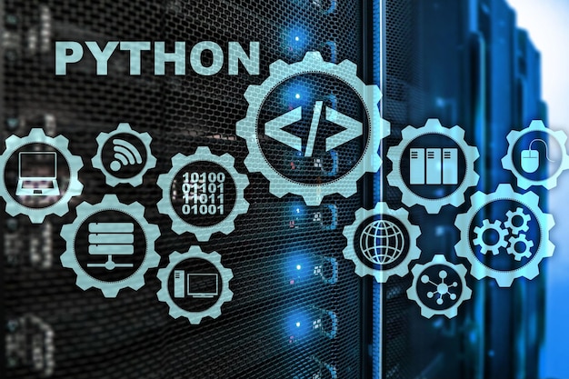 python programming language on server room background programing workflow abstract algorithm concept on virtual screen