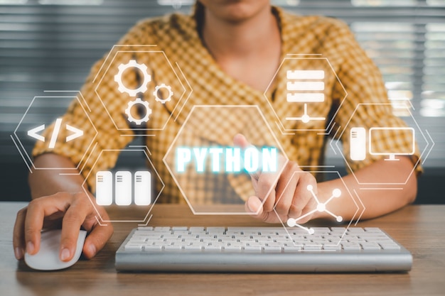 python programming language woman using computer with python programming icon on virtual screen application and web development concept