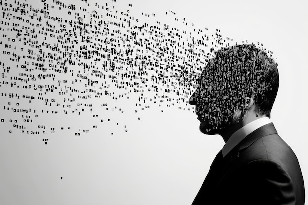 to represent computer coding or digital technology this black and white silhouette has binary code to represent computer coding or binary code in the background