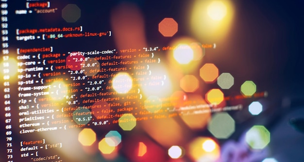 security code on a computer display close up database bits access stream visualisation php language and coding function developer