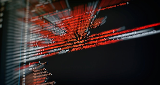 security code on a computer display close up database bits access stream visualisation php language and coding function developer