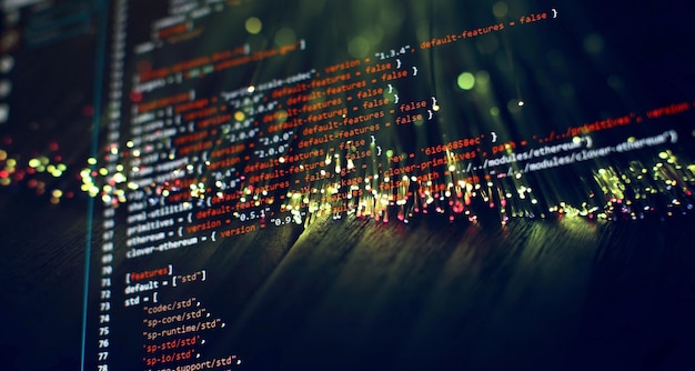 security code on a computer display close up database bits access stream visualisation php language and coding function developer