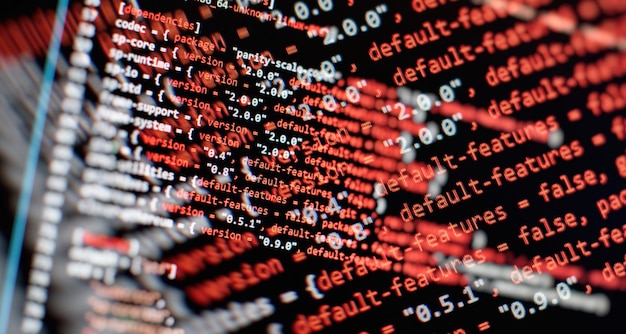 security code on a computer display close up database bits access stream visualisation php language and coding function developer