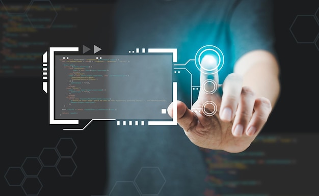 software apps binary coding technology developer and it revolution digital software development programmer working on java script computer code with virtual screen programming code technology