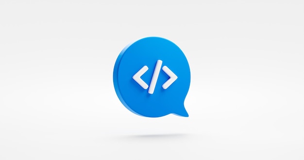 software code 3d icon isolated on white background with blue website coding message bubble sign or programming developer ui writing application design and java program script html data development