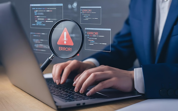 software developer debugging code errors on a laptop