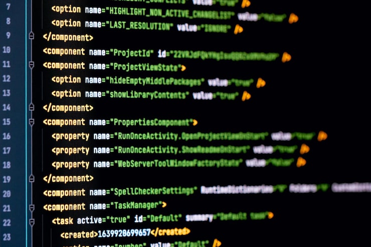 Photo software developer java programming html web code. abstract computer script code. programming code screen of software developer. software programming work time.