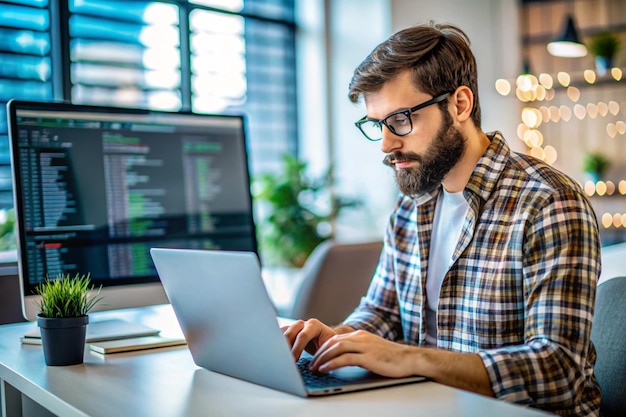 software developer or programmer coding program with laptop data engineering intelligence innovation computer programming development software engineer