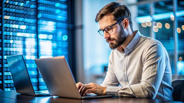 software developer or programmer coding program with laptop data engineering intelligence innovation computer programming development software engineer