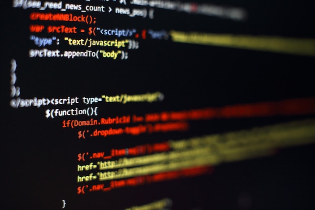 software developer programming code. abstract computer script code. selective focus