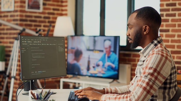 software developer programming html code on computer, working remote from home with program script and database. using terminal window and artificial intelligence, app developer.