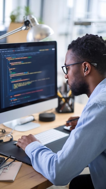 software developer typing javascript code on computer to develop online cloud computing information