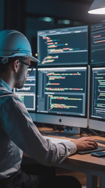 system engineer programming user interface on computer and compiling source code with html script a