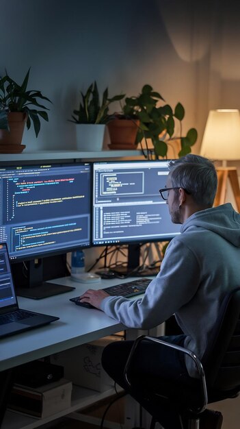 system engineer programming user interface on computer and compiling source code with html script a