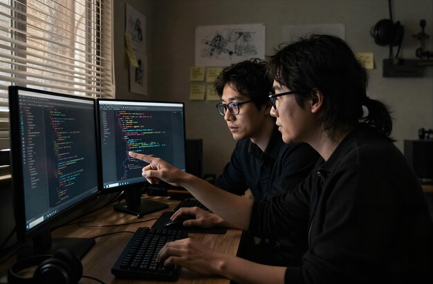 two developers collaborating on programming code and software development
