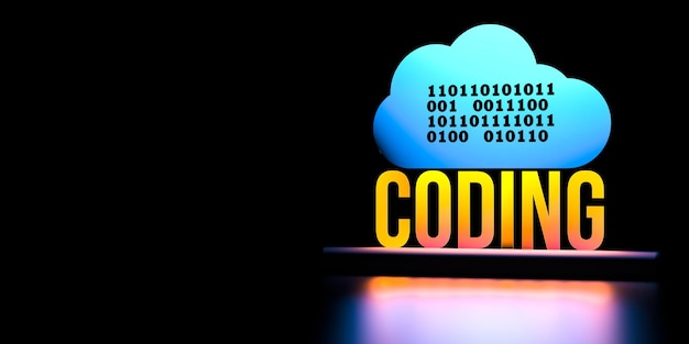 the word coding and a cloud with binary code on a black background with copy space concept of coding or programming use of binary code and cloud servers 3d render