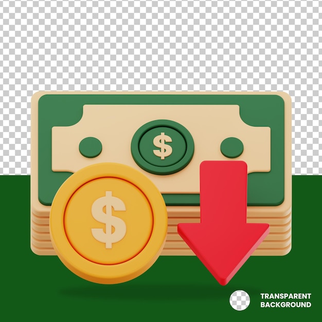 3d icon of financial decrease concept with money and down arrow