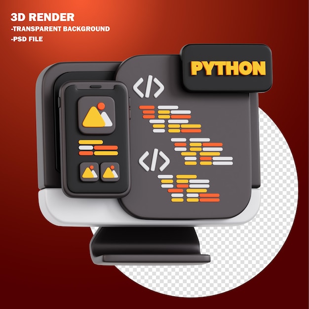 3d render of python programming and mobile app development concept