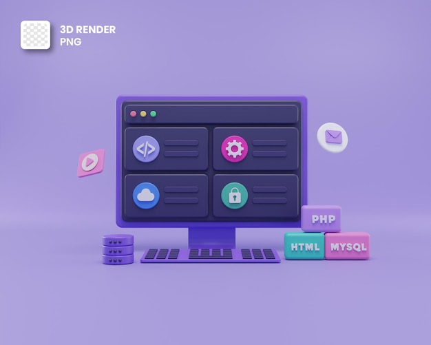3d render web development, software development, web design, coding and programming