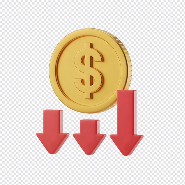 money decrease with gold coin and red arrows
