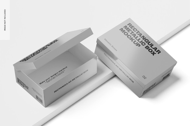 rectangular metallic boxes mockup, opened and closed