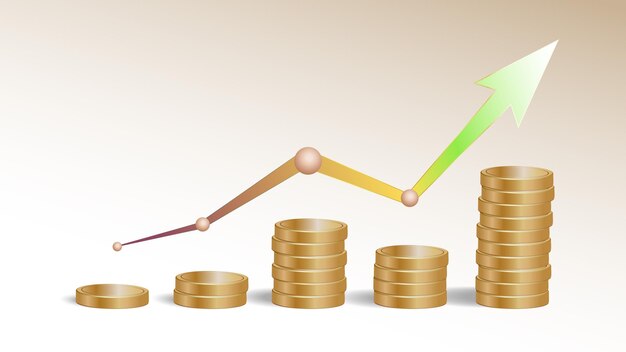 a 3d illustration of a stack of golden coins with an decrease and increase arrow graph