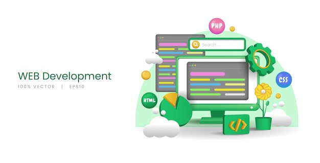 3d vector computer with web development concept. programming and coding.