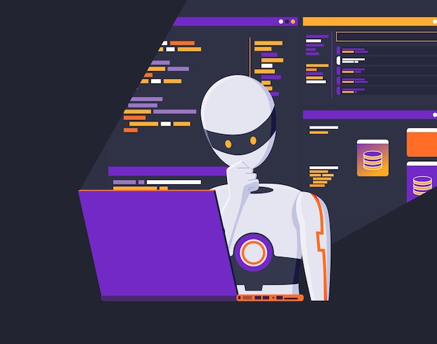 ai coding robot assistant programming code debugging vector illustration concept