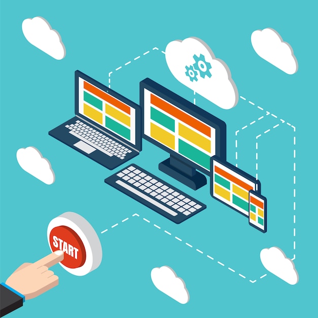 analytics and programming vector. web application optimization. responsive pc. cloud technology