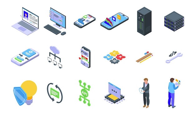 api icons set isometric vector. computer develop code. software program