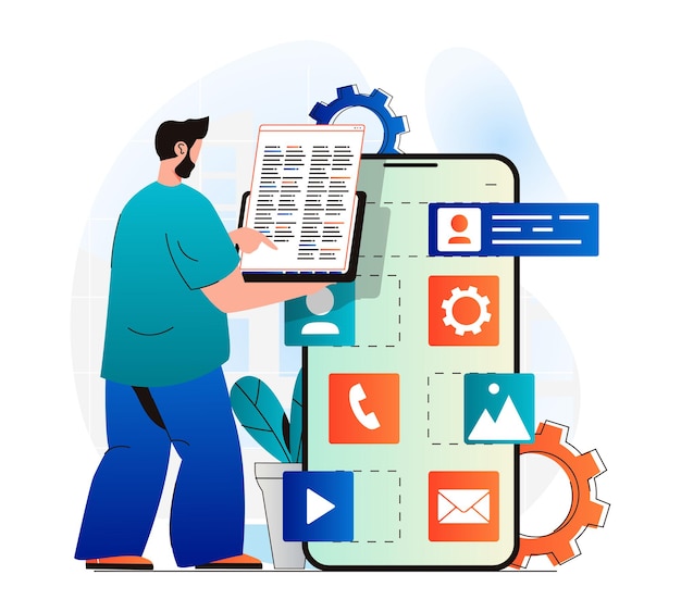 app development concept in modern flat design programmer coding program code