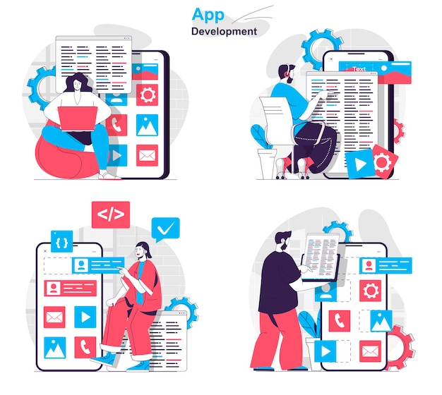 app development concept set developers write code testing create page layout
