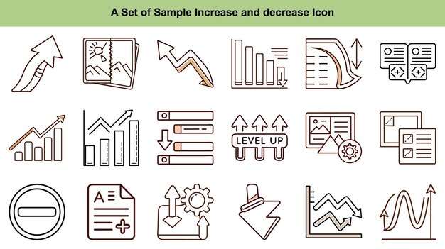 assorted line icons showing increase decrease leveling up and progress are seen clearly outlined