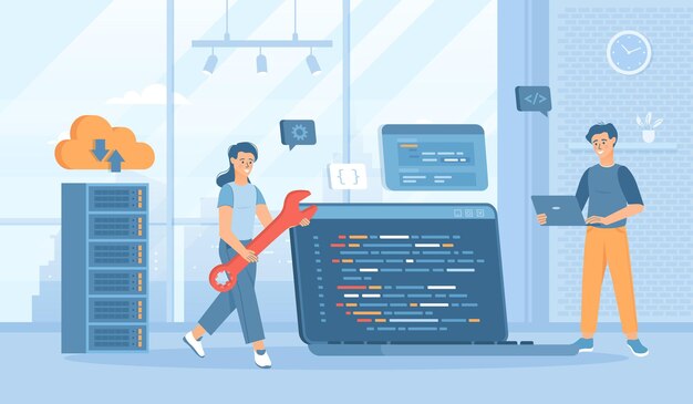 back end development coding and programming software engineering process flat cartoon vector illus