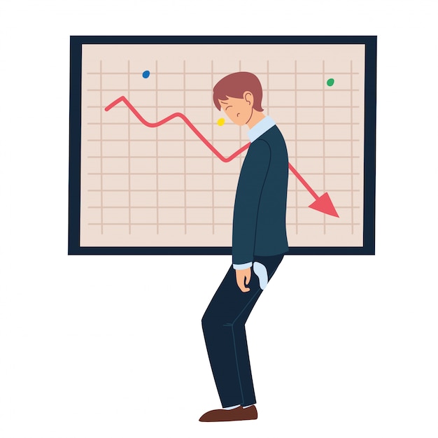 businessman cartoon with headache with decrease arrow on board vector