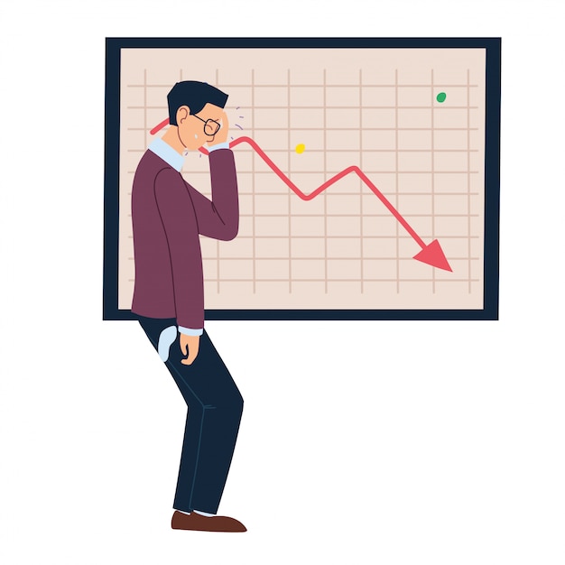 businessman cartoon with headache with decrease arrow on board vector