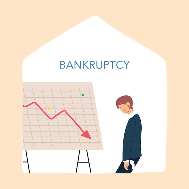 businessman with headache and decrease arrow on board