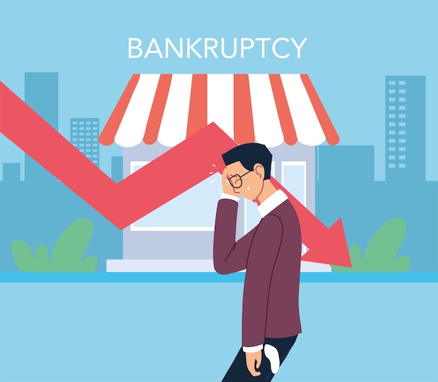 businessman with headache and decrease arrow in front of store