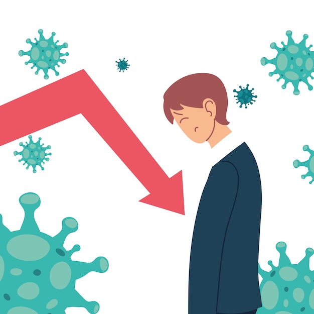 businessman with headache and decrease arrow